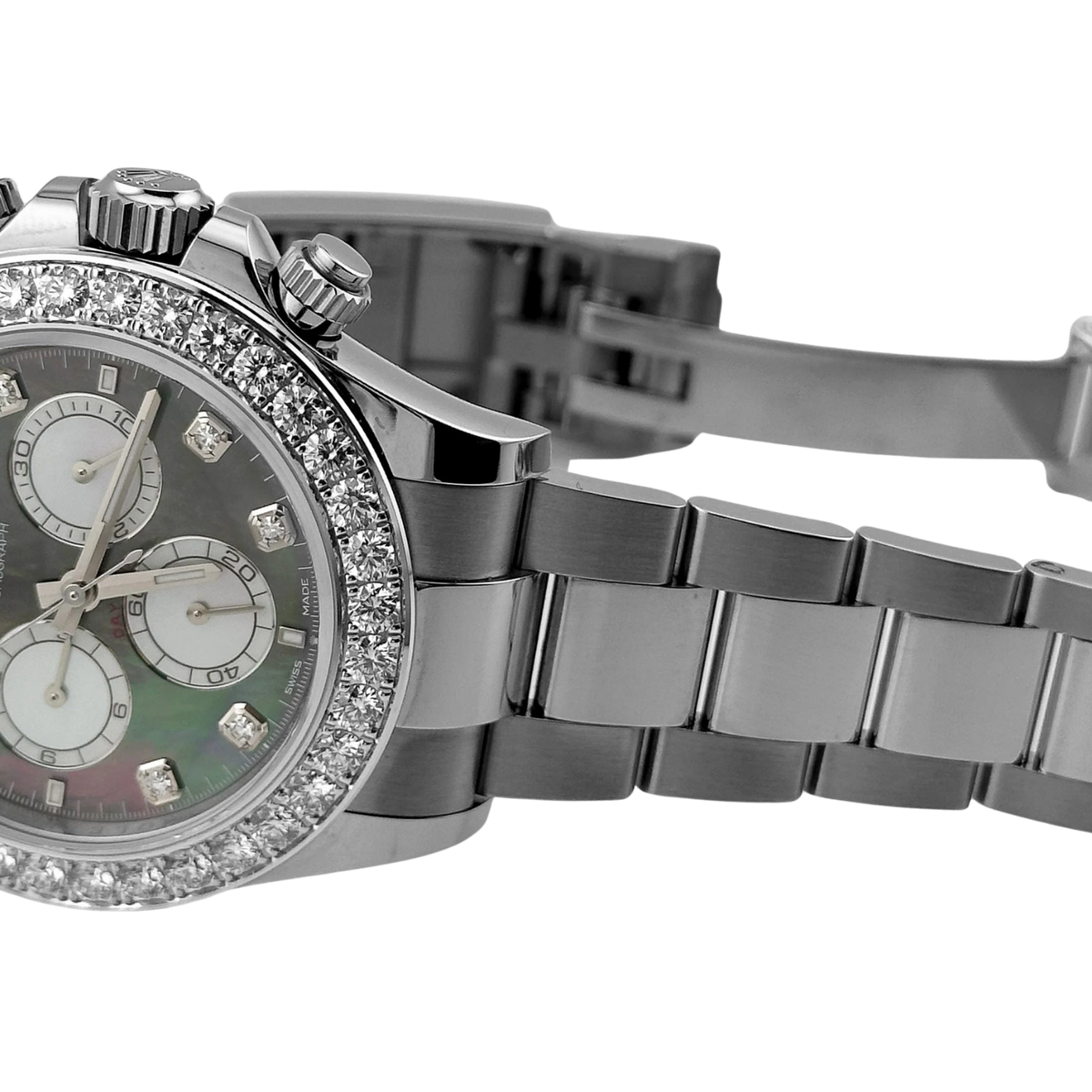 Daytona 40mm Oyster White Gold Black and White Mother of Pearl Diamond Dial & Bezel 126579RBR