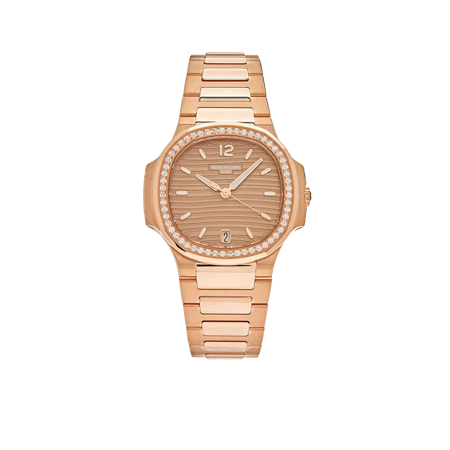 Nautilus Ladies 35mm 7118/1200R-010 Rose Gold Golden Dial Diamond Bezel
