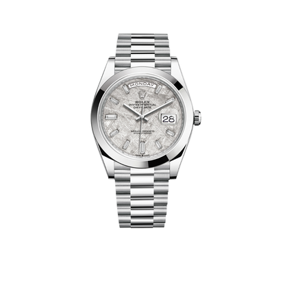 Day-Date 40 Platinum Day-Date Smooth Bezel Meteorite Baguette Diamond Dial President Bracelet 228206