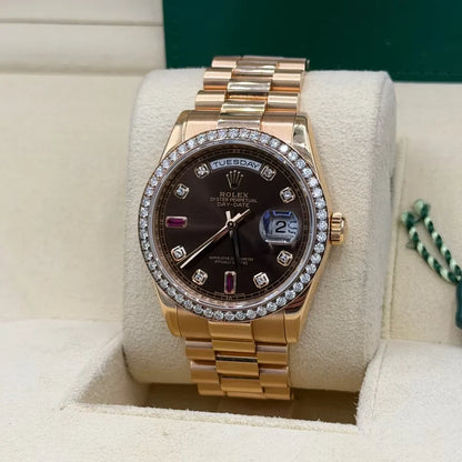 Day-Date 36mm President Bracelet Chocolate Ruby Dial Rose Gold Diamond Bezel 118235