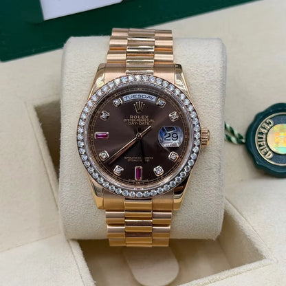 Day-Date 36mm President Bracelet Chocolate Ruby Dial Rose Gold Diamond Bezel 118235