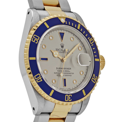 Submariner 40mm Stainless Steel Yellow Gold Serti Slate Diamond Sapphire Silver Dial 16613